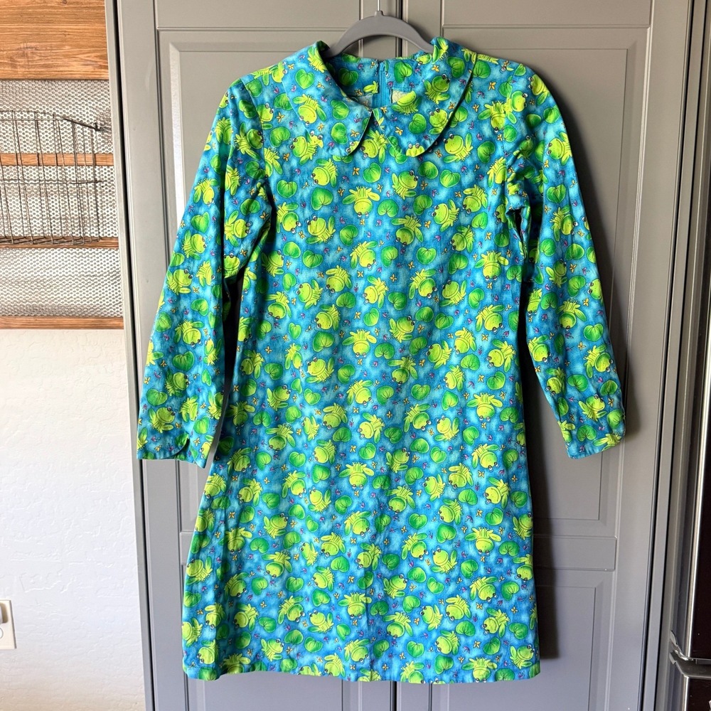Vintage MOD Whimsical Frog Peter Pan Collar Mini Shift Dress, Blue Green, S